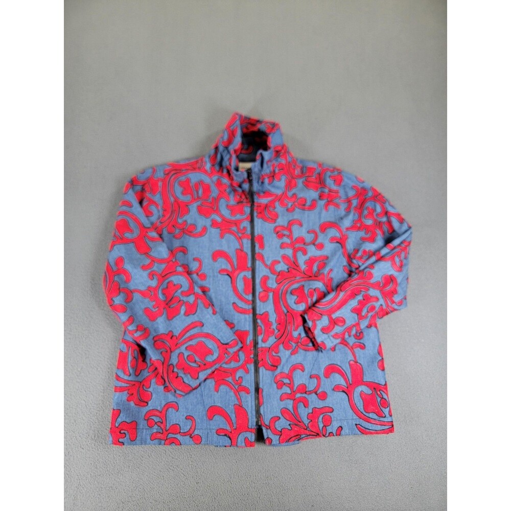 Caroline Rose Jacket Womens XS Blue Red Embroidered Zip Up 100% Cotton Made‎ USA